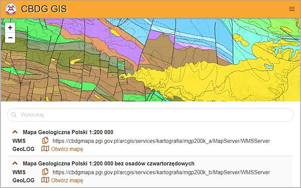 Podgląd usług WMS dla MGP 1:200 000 - mapa odkryta w aplikacji CBDG GIS