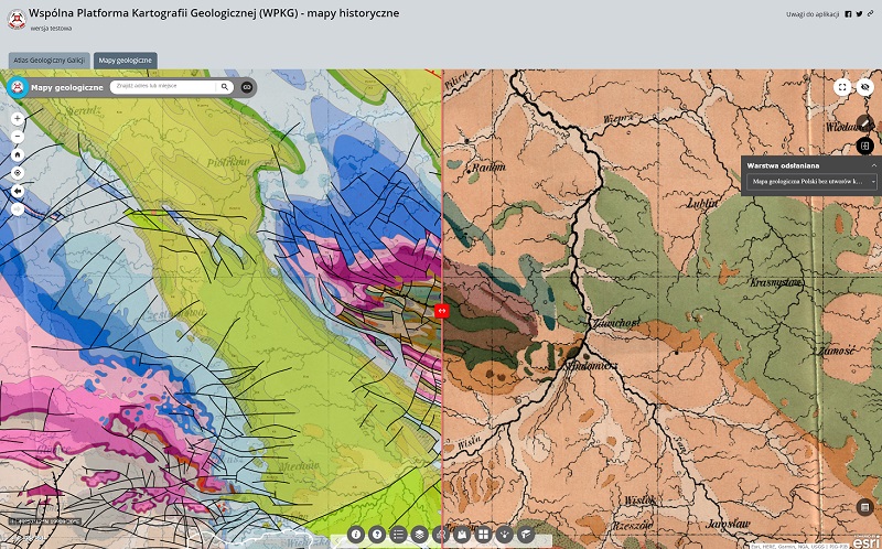 Ekran testowej wersji aplikacji Wspólna Platforma Kartografii Geologicznej - mapy historyczne