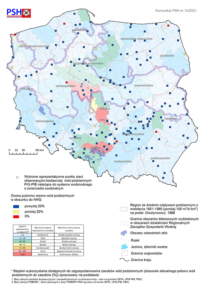 Mapa prezentująca poziom rezerw zasobów wód podziemnych we wrześniu 2021 r. w objętych analizą punktach sieci obserwacyjno-badawczej wód podziemnych