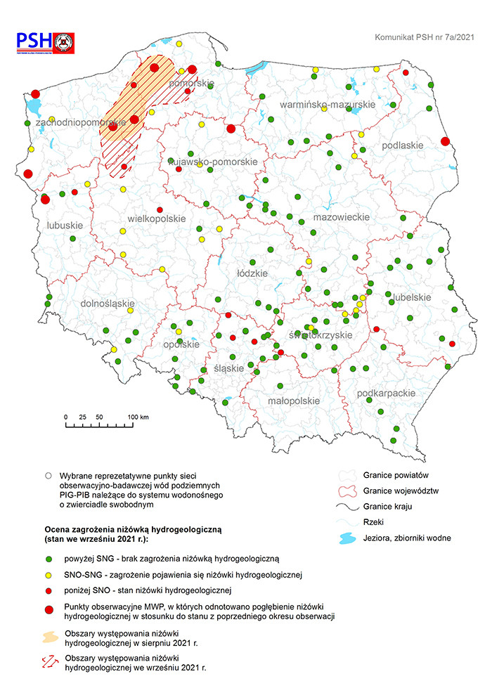 Mapa przedstawiająca ocenę zagrożenia niżówką hydrogeologiczną we wrześniu 2021 r.