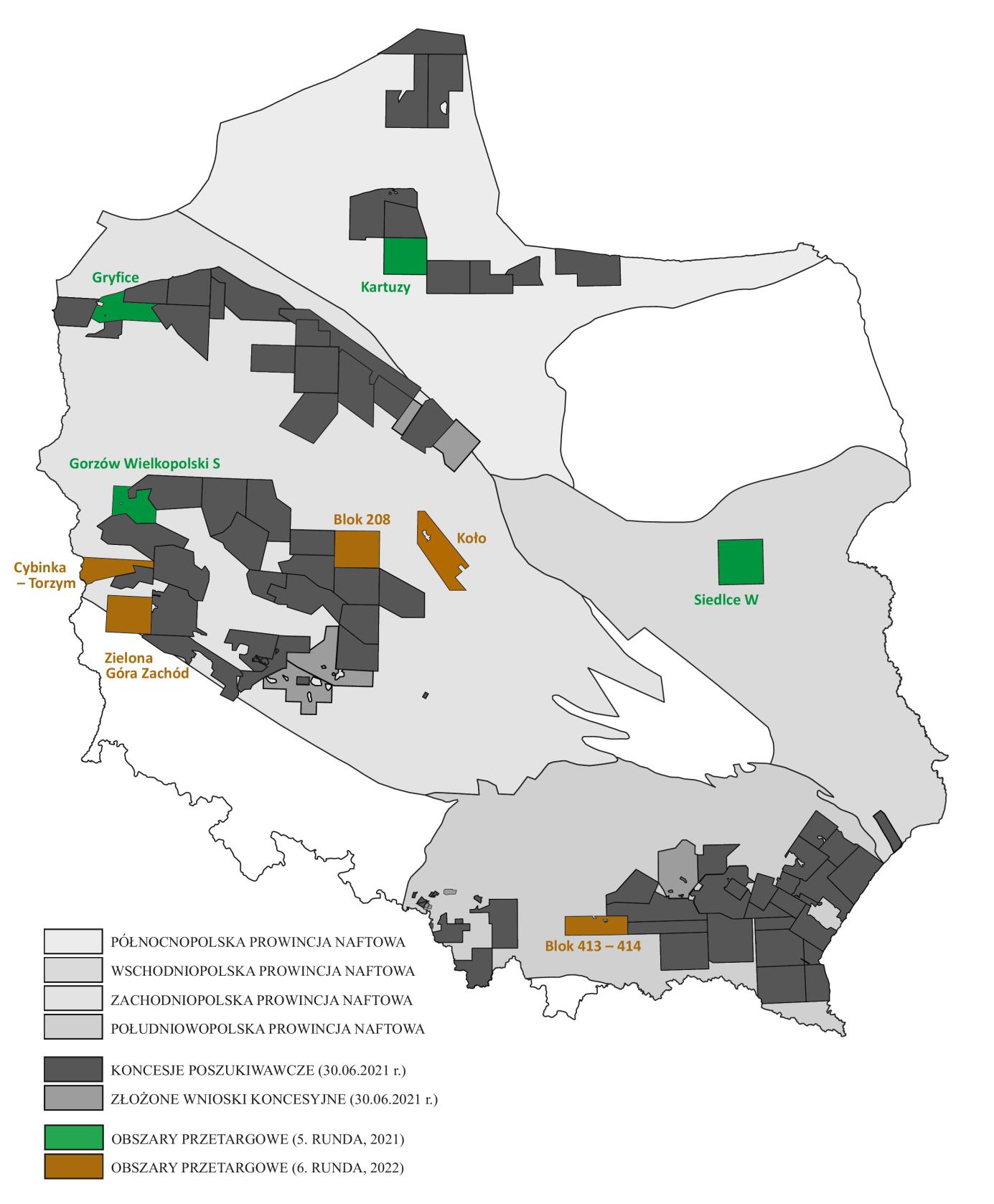 Obszary dedykowane do V i VI rundy przetargów na koncesje węglowodorowe w Polsce