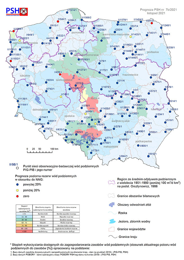 Mapa przedstawiająca prognozę poziomu rezerw wód podziemnych w odniesieniu do najniższego zaobserwowanego w wieloleciu położenia zwierciadła wód (NNG) na listopad 2021 r. według scenariusza B