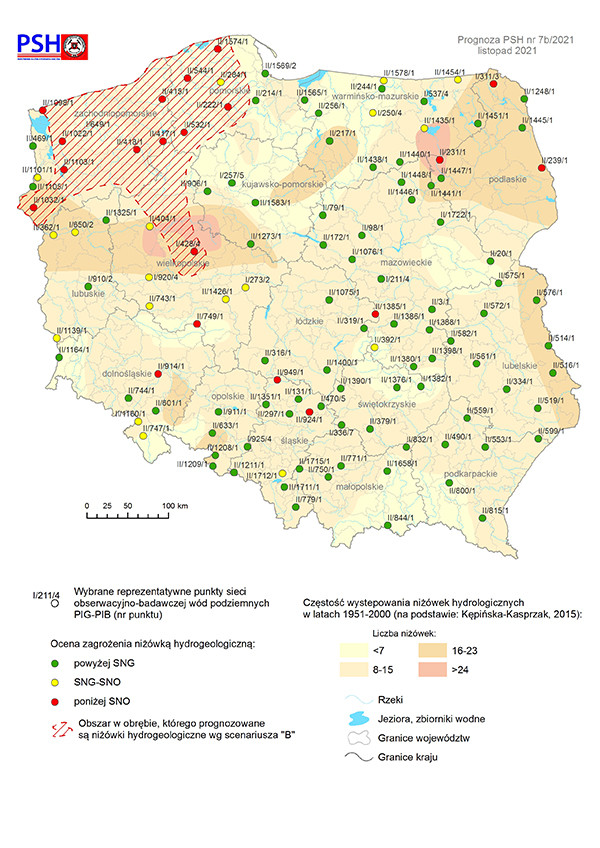 Prognoza zagrożeń wód podziemnych – występowanie niżówki hydrogeologicznej w listopadzie 2021 r. według scenariusza B