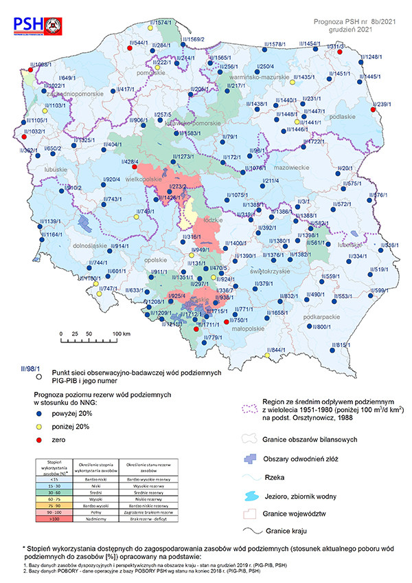 Mapa przedstawiająca prognozę poziomu rezerw wód podziemnych w odniesieniu do najniższego zaobserwowanego w wieloleciu położenia zwierciadła wód (NNG) na grudzień 2021 r. według scenariusza B