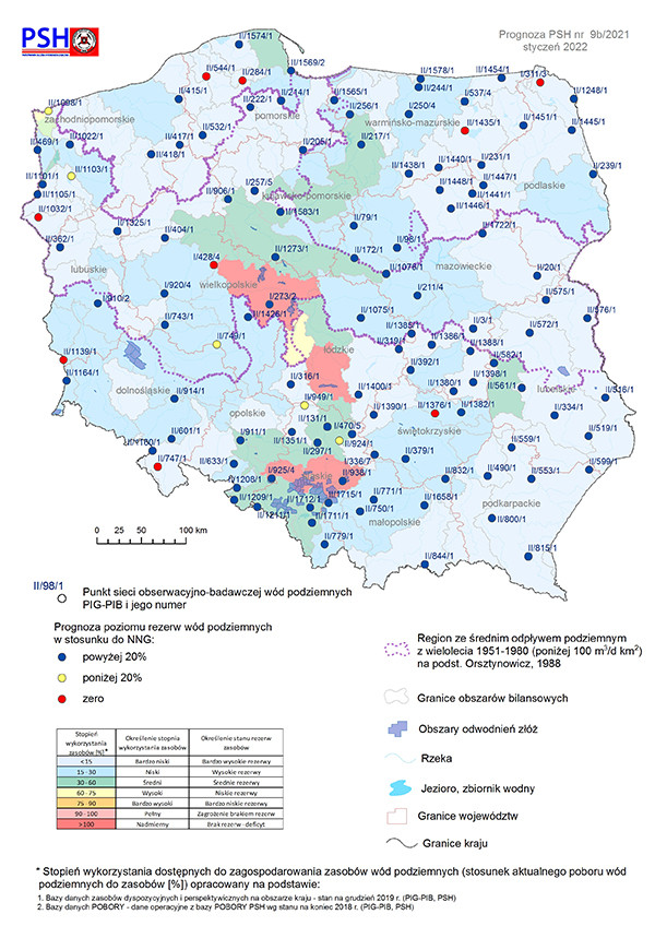 Mapa przedstawiająca prognozę poziomu rezerw wód podziemnych w odniesieniu do najniższego zaobserwowanego w wieloleciu położenia zwierciadła wód (NNG) na styczeń 2021 r. według scenariusza B 