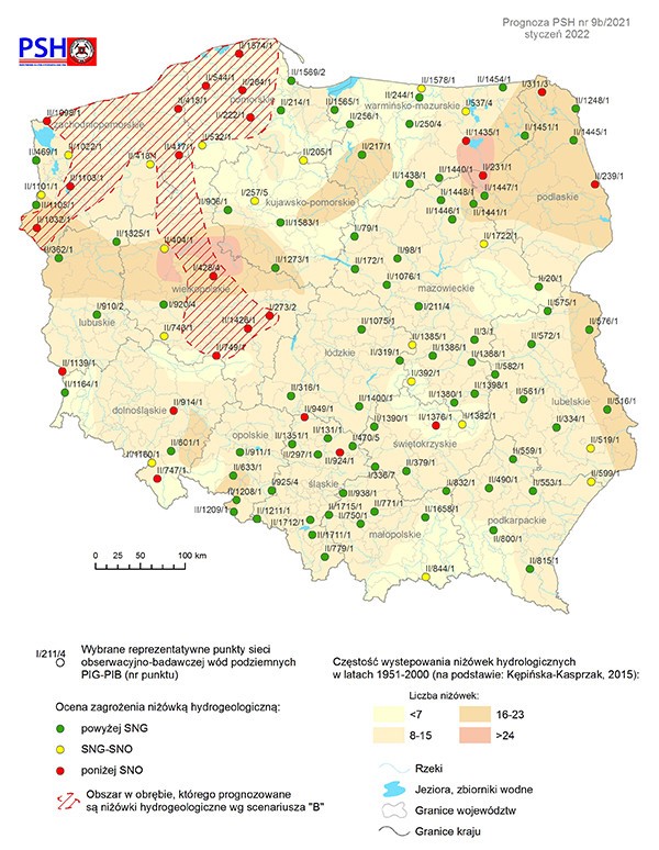 Mapa przedstawiająca prognozę zagrożeń wód podziemnych – występowanie niżówki hydrogeologicznej w styczniu 2021 r. według scenariusza B