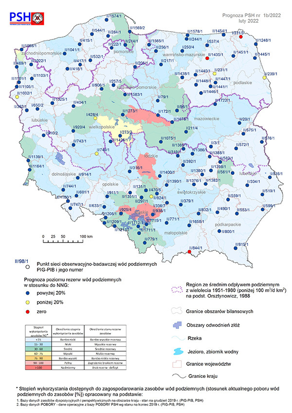 Prognoza poziomu rezerw wód podziemnych w odniesieniu do najniższego zaobserwowanego w wieloleciu położenia zwierciadła wód (NNG) w lutym 2022 r. według scenariusza B