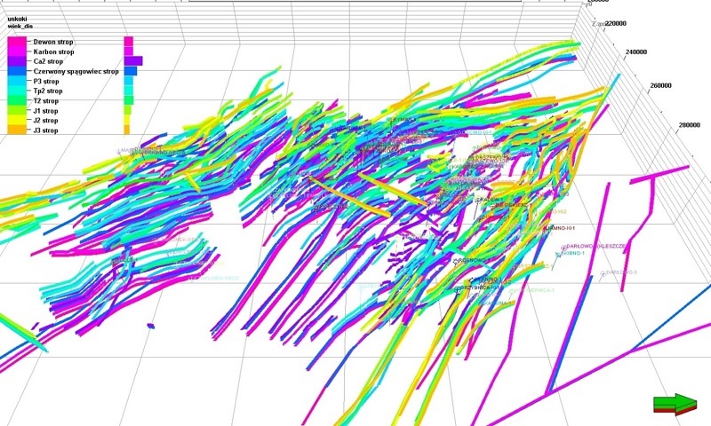 Linie uskokowe służące do stworzenia modelu uskokowego w przestrzeni 3D – obszar 2