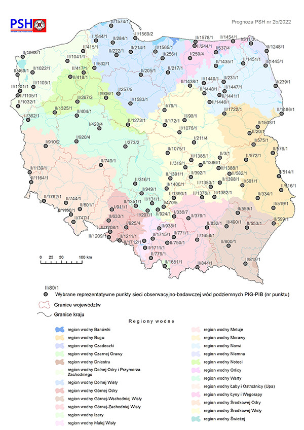 Lokalizacja punktów sieci obserwacyjno-badawczej wód podziemnych, dla których wykonano symulacje rozwoju sytuacji hydrogeologicznej