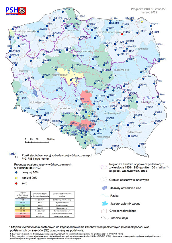 Prognoza poziomu rezerw wód podziemnych w odniesieniu do najniższego zaobserwowanego w wieloleciu położenia zwierciadła wód (NNG) w marcu 2022 r. według scenariusza B.