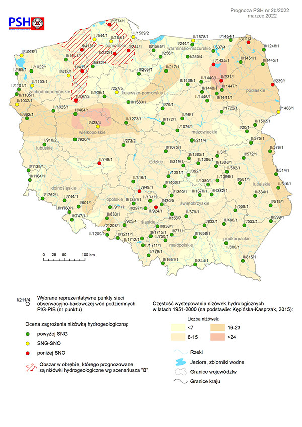 Prognoza zagrożeń wód podziemnych – występowanie niżówki hydrogeologicznej w marcu 2022 r. według scenariusza B.