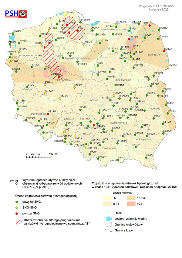 Prognoza zagrożeń wód podziemnych – występowanie niżówki hydrogeologicznej w kwietniu 2022 r. według scenariusza B