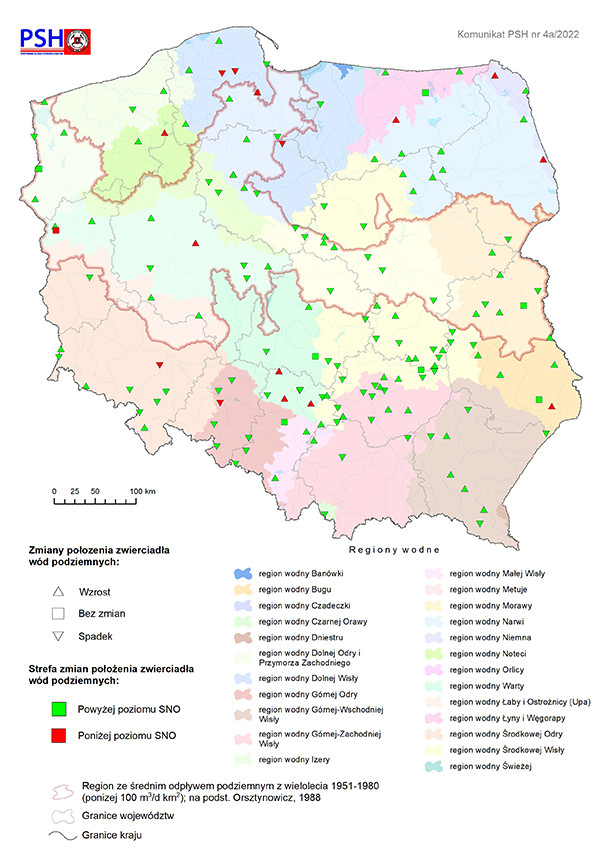 Zmiana położenia zwierciadła wody podziemnej w objętych analizą punktach sieci obserwacyjno-badawczej wód podziemnych w marcu 2022 r.