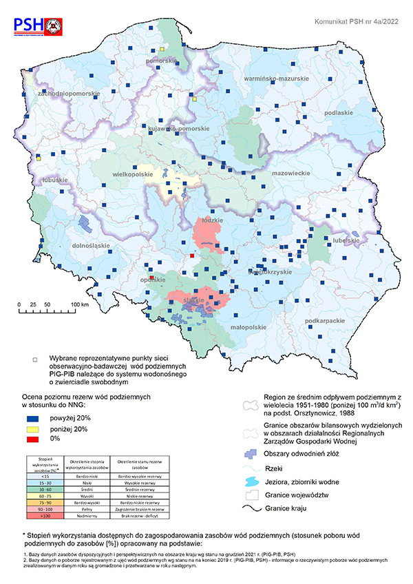 Poziom rezerw zasobów wód podziemnych w marcu 2022 r. w objętych analizą punktach sieci obserwacyjno-badawczej wód podziemnych