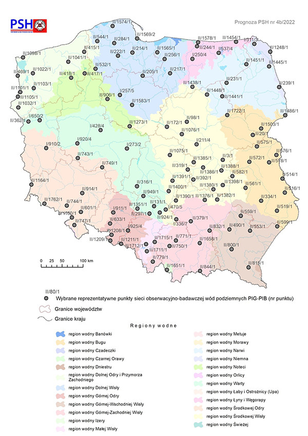 Lokalizacja punktów sieci obserwacyjno-badawczej wód podziemnych, dla których wykonano symulacje rozwoju sytuacji hydrogeologicznej