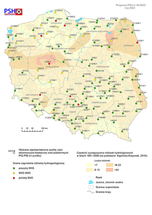 Prognoza zagrożeń wód podziemnych – występowanie niżówki hydrogeologicznej w maju 2022 r. według scenariusza B.