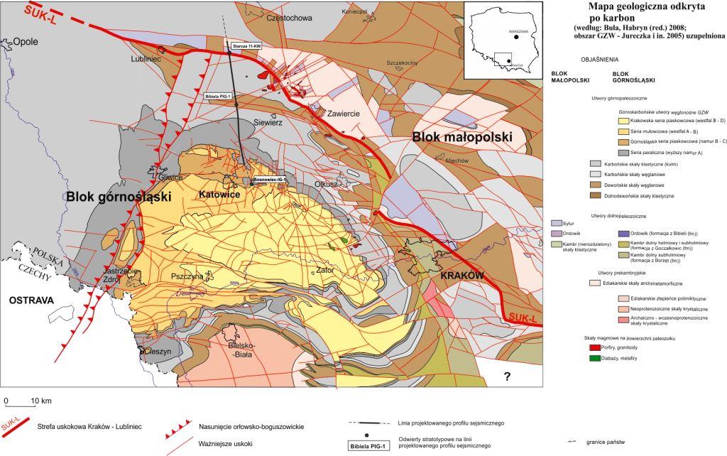 Fig. 1. Lokalizacja profilu sejsmicznego na mapie geologicznej badanego obszaru odkrytej po karbon (według Buła, Habryn (red.) 2008; obszar GZW – Jureczka i in. 2005; uzupełniona).