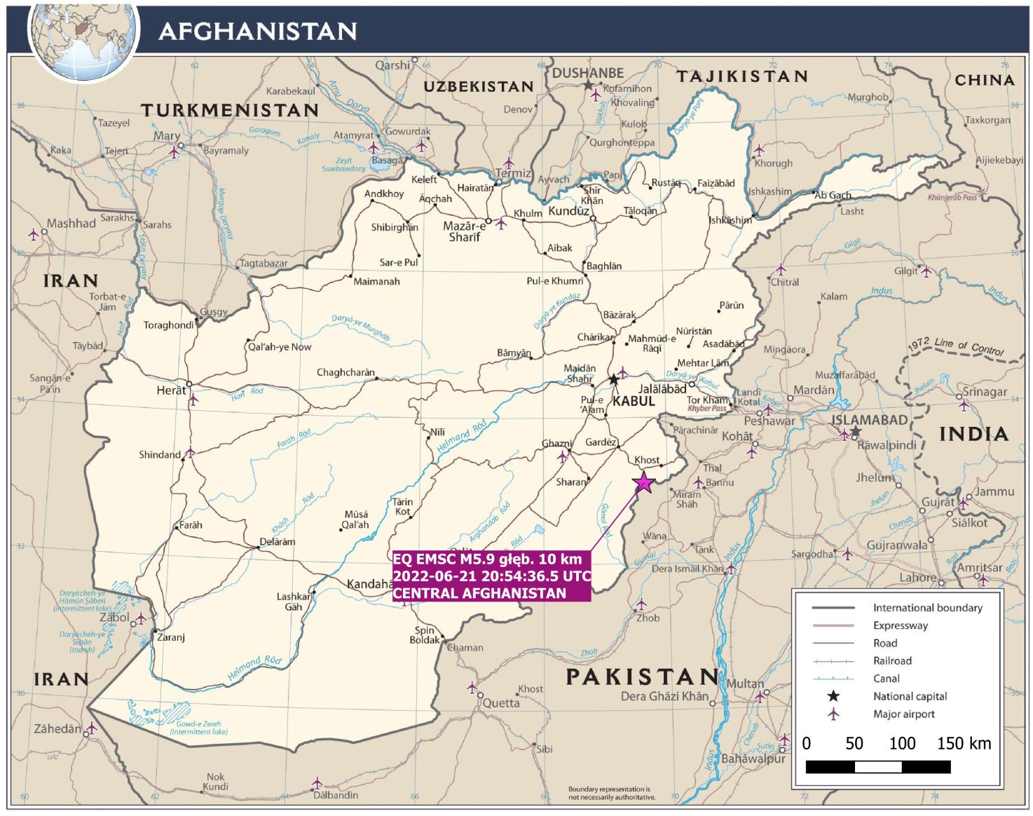 Lokalizacja epicentrum trzęsienia ziemi o magnitudzie M5.9 (EMSC) z dnia 21/06/2022 r., godz. 20:54:36.5 UTC w regionie sejsmologicznym Central Afghanistan (oprac. PSG, mapa bazowa: CIA).