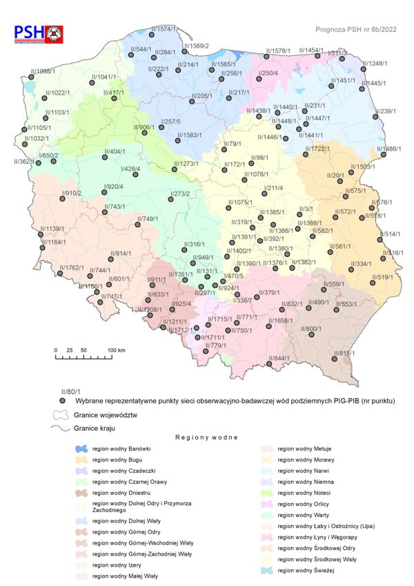 Lokalizacja punktów sieci obserwacyjno-badawczej wód podziemnych, dla których wykonano symulacje rozwoju sytuacji hydrogeologicznej