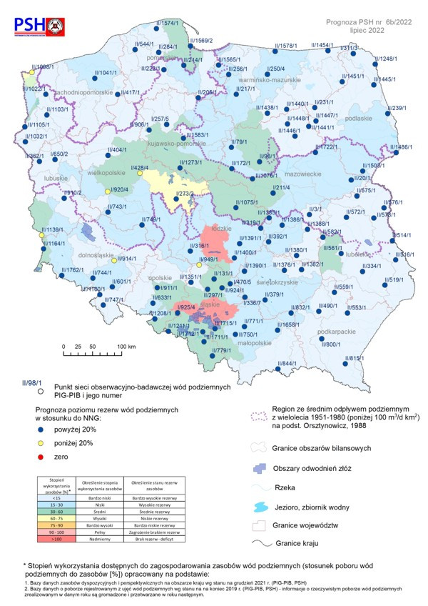 Prognoza poziomu rezerw wód podziemnych w odniesieniu do najniższego zaobserwowanego w wieloleciu położenia zwierciadła wód (NNG) w lipcu 2022 r. według scenariusza B