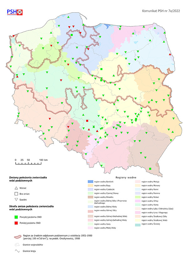 Zmiana położenia zwierciadła wody podziemnej w objętych analizą punktach sieci obserwacyjno-badawczej wód podziemnych w czerwcu 2022 r.