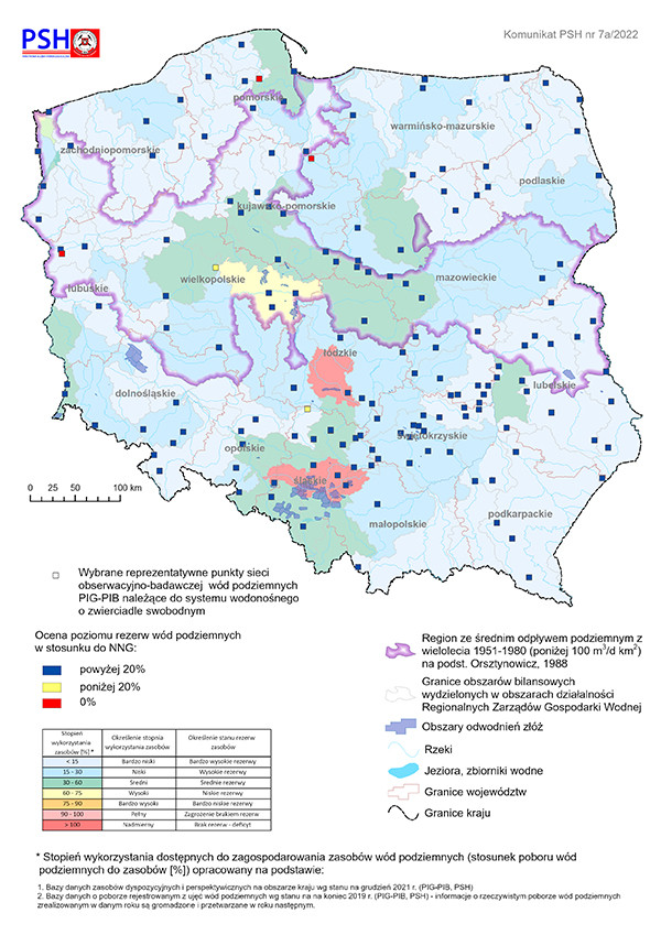 Poziom rezerw zasobów wód podziemnych w czerwcu 2022 r. w objętych analizą punktach sieci obserwacyjno-badawczej wód podziemnych