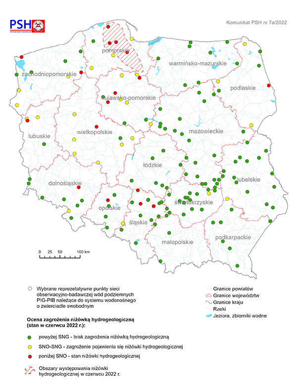 Mapa przedstawiająca ocenę zagrożenia niżówką hydrogeologiczną w czerwcu 2022 r.