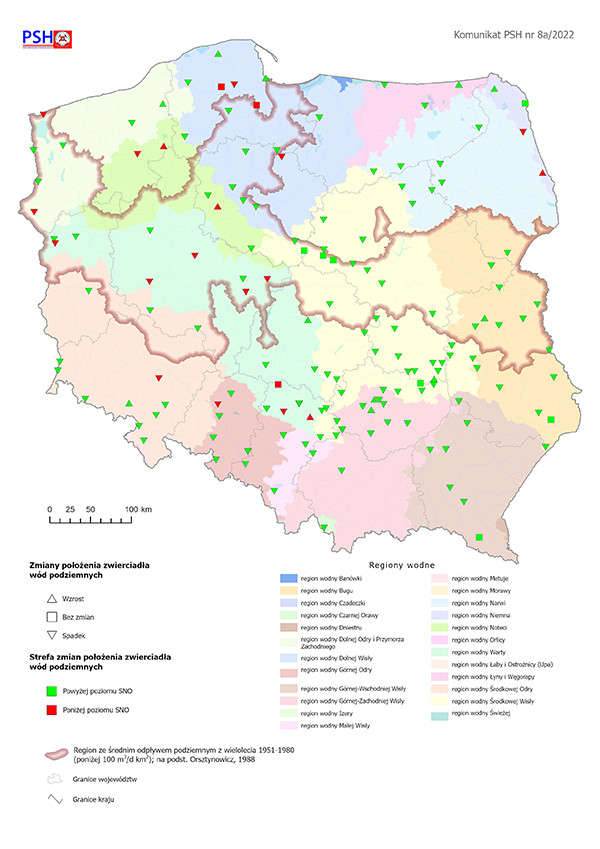 Zmiana położenia zwierciadła wody podziemnej w objętych analizą punktach sieci obserwacyjno-badawczej wód podziemnych w lipcu 2022 r.