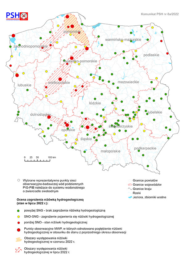 Mapa przedstawiająca ocenę zagrożenia niżówką hydrogeologiczną w lipcu 2022 r.