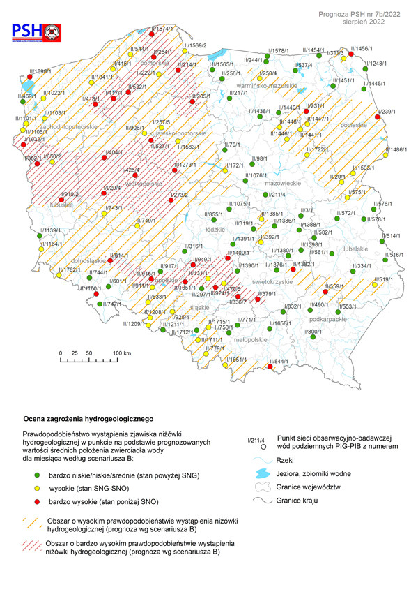 Prognoza zagrożeń wód podziemnych – występowanie niżówki hydrogeologicznej w sierpniu 2022 r. według scenariusza B