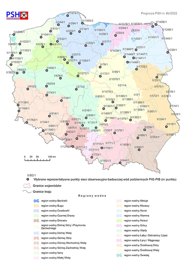 Lokalizacja punktów sieci obserwacyjno-badawczej wód podziemnych, dla których wykonano symulacje rozwoju sytuacji hydrogeologicznej