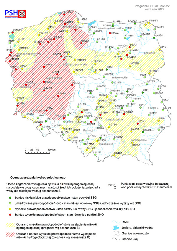 Prognoza zagrożeń wód podziemnych – występowanie niżówki hydrogeologicznej we wrześniu 2022 r. według scenariusza B