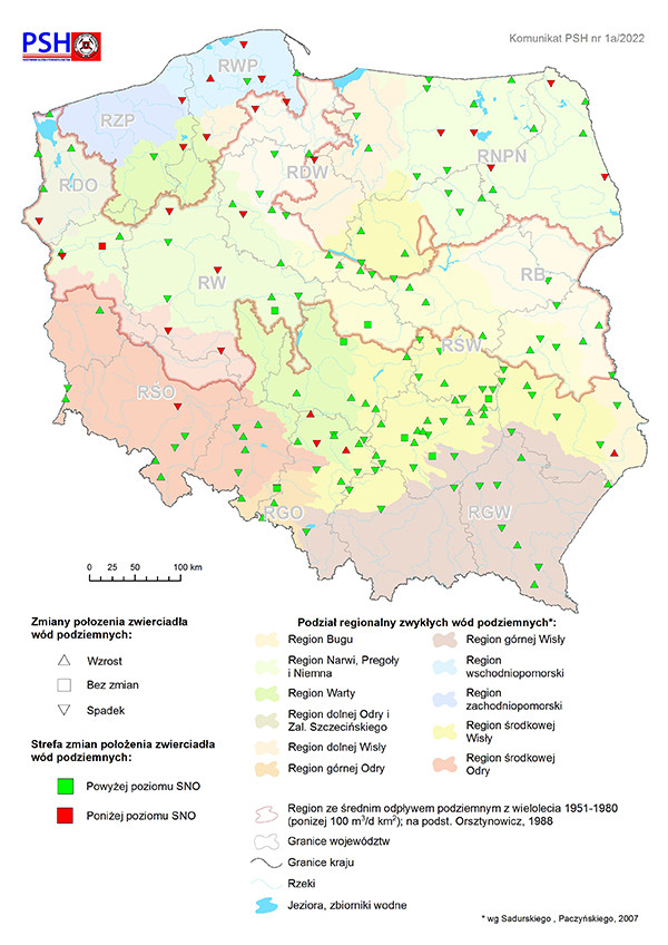 Mapa przedstawiająca zmianę położenia zwierciadła wody podziemnej w objętych analizą punktach sieci obserwacyjno-badawczej wód podziemnych w grudniu 2021 r.