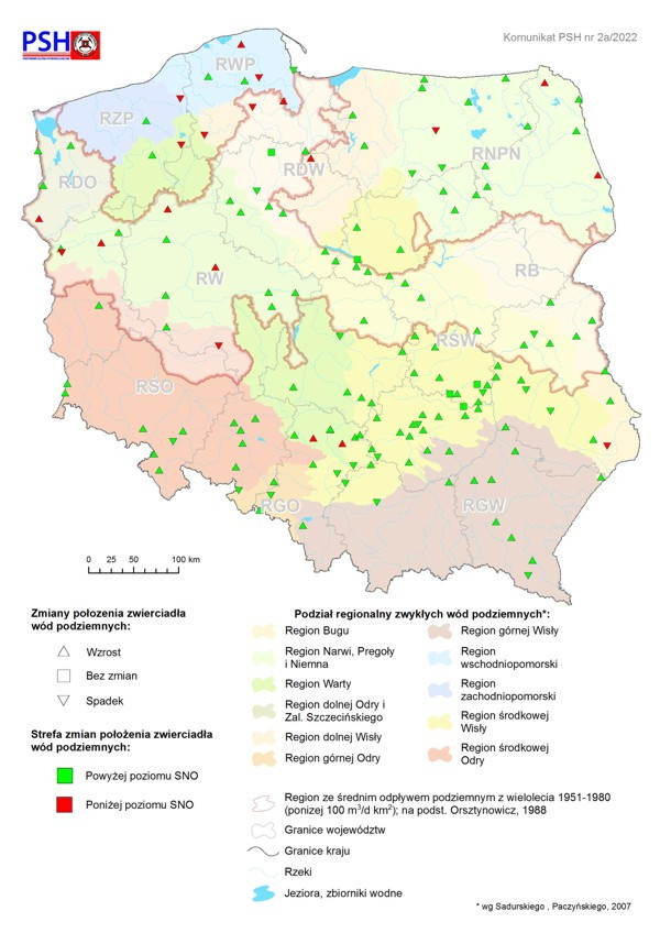 Zmiana położenia zwierciadła wody podziemnej w objętych analizą punktach sieci obserwacyjno-badawczej wód podziemnych w styczniu 2022 r.