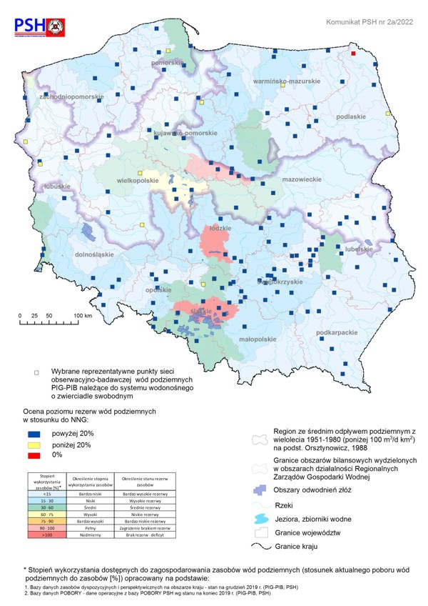 Poziom rezerw zasobów wód podziemnych w styczniu 2022 r. w objętych analizą punktach sieci obserwacyjno-badawczej wód podziemnych