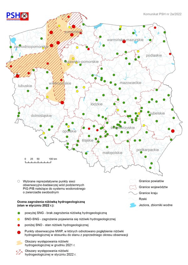 Ocena zagrożenia niżówką hydrogeologiczną w styczniu 2022 r.