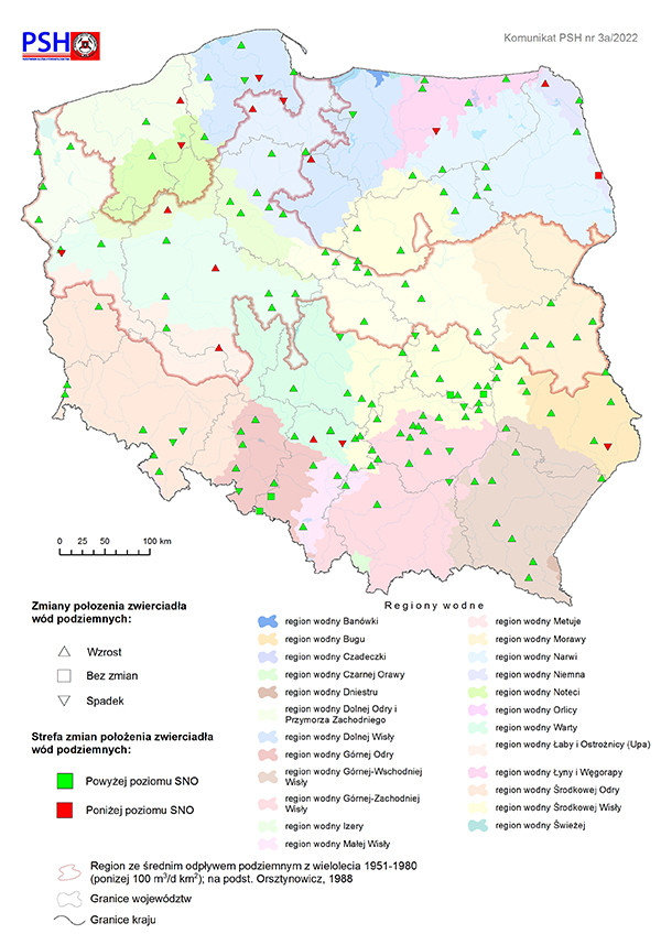 Zmiana położenia zwierciadła wody podziemnej w objętych analizą punktach sieci obserwacyjno-badawczej wód podziemnych w lutym 2022 r.