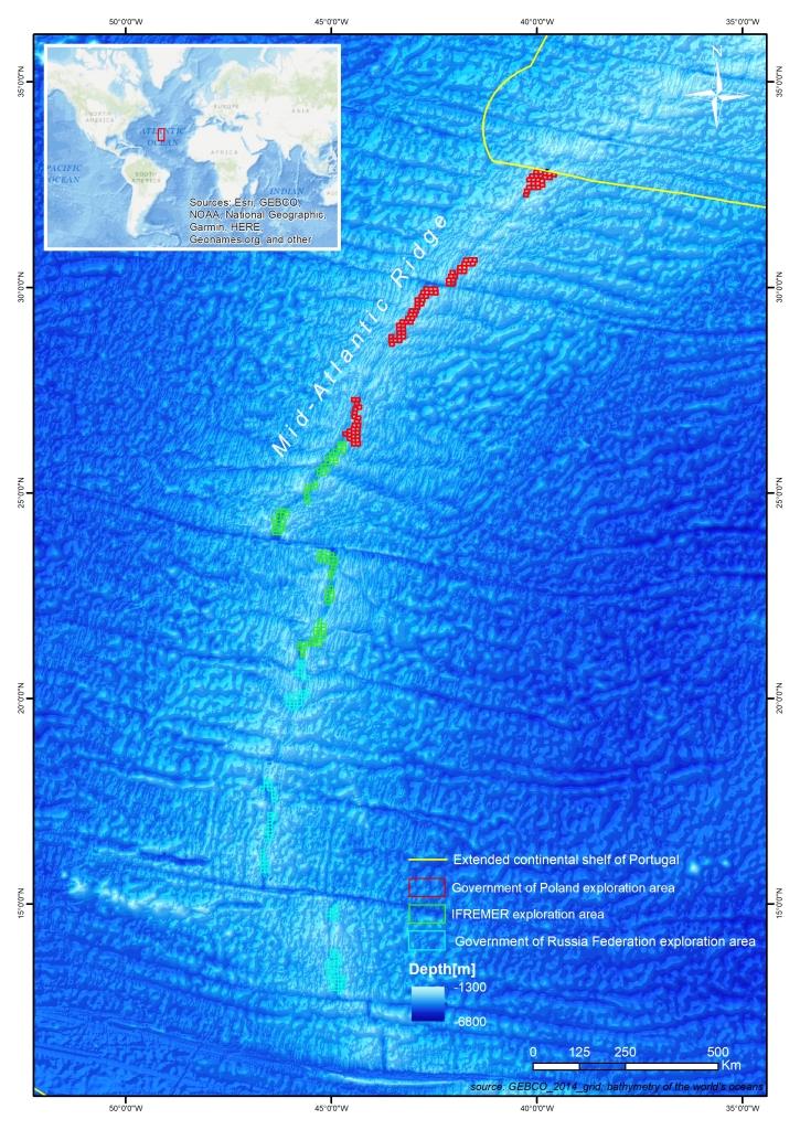 Lokalizacja polskiej działki na Atlantyku (Mapa batymetryczna: GEBCO_2014_grid; bathymetry of the world's oceans; AUTOR: Państwowy Instytut Geologiczny - Państwowy Instytut Badawczy)