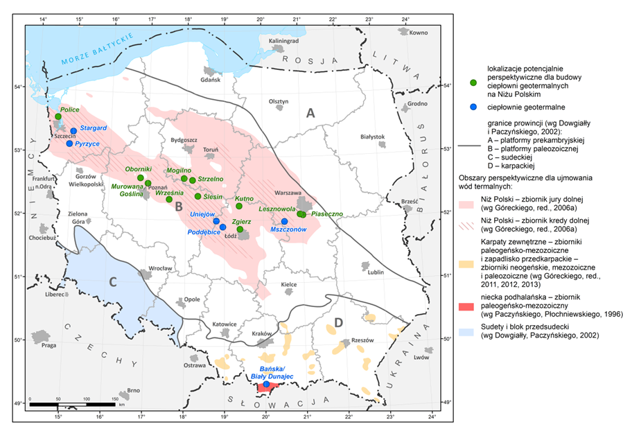 Potencjalne lokalizacje dla przedsięwzięć geotermalnych (Górecki red. 2006; Socha i inni 2020)