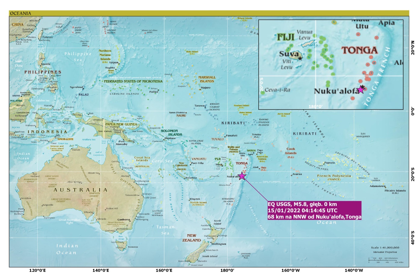 Mapa lokalizacji erupcji wulkanicznej i trzęsienia ziemi w rejonie Wysp Tonga