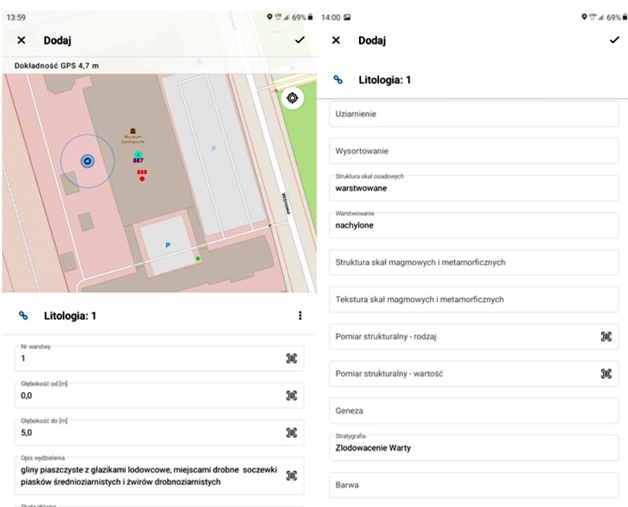 Zrzut ekranu aplikacji mobilnej na przykładzie punktu dokumentacyjnego i tabeli litologicznej połączonej relacją z  nim