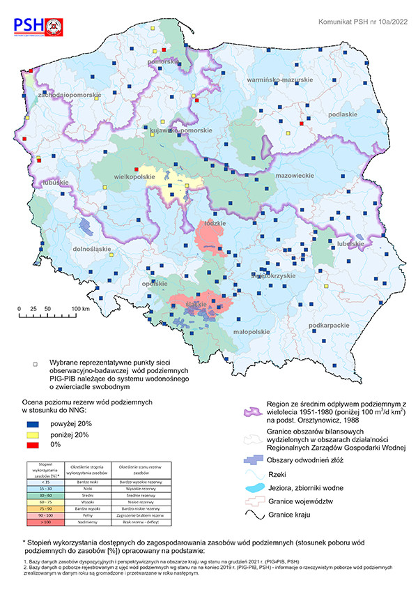 Poziom rezerw zasobów wód podziemnych we wrześniu 2022 r. w objętych analizą punktach sieci obserwacyjno-badawczej wód podziemnyc