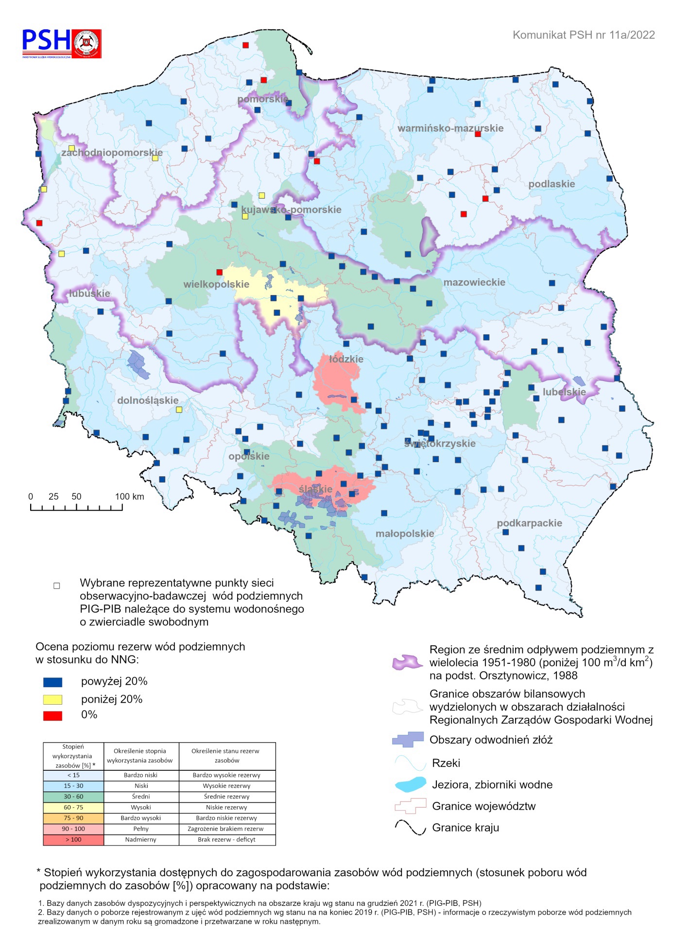 Mapa prezentująca poziom rezerw zasobów wód podziemnych w październiku 2022 r. w objętych analizą punktach sieci obserwacyjno-badawczej wód podziemnych