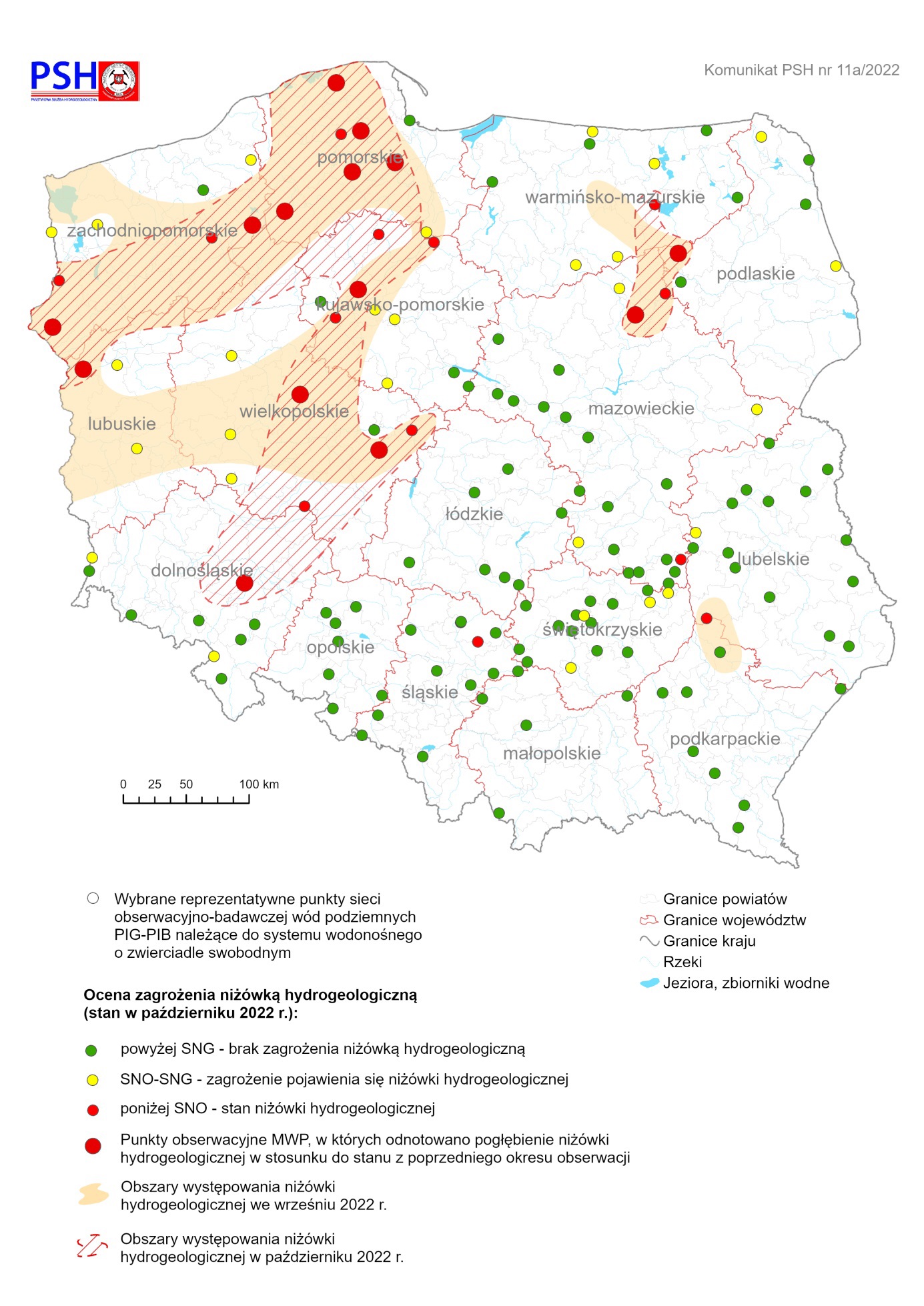 Mapa przedstawiająca ocenę zagrożenia niżówką hydrogeologiczną w październiku 2022 r.