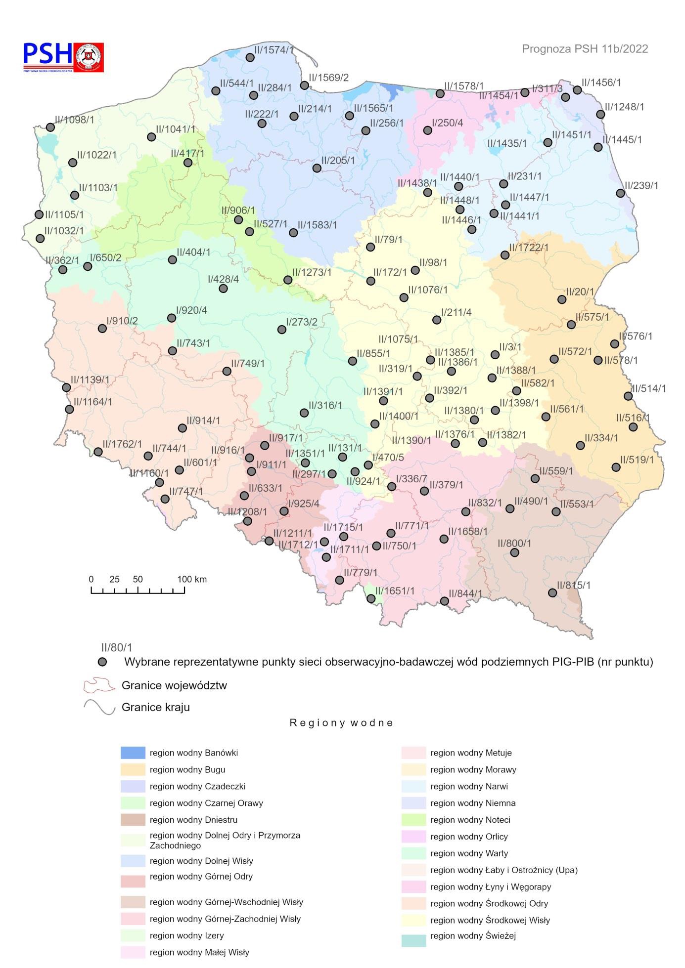 Lokalizacja punktów sieci obserwacyjno-badawczej wód podziemnych, dla których wykonano symulacje rozwoju sytuacji hydrogeologicznej