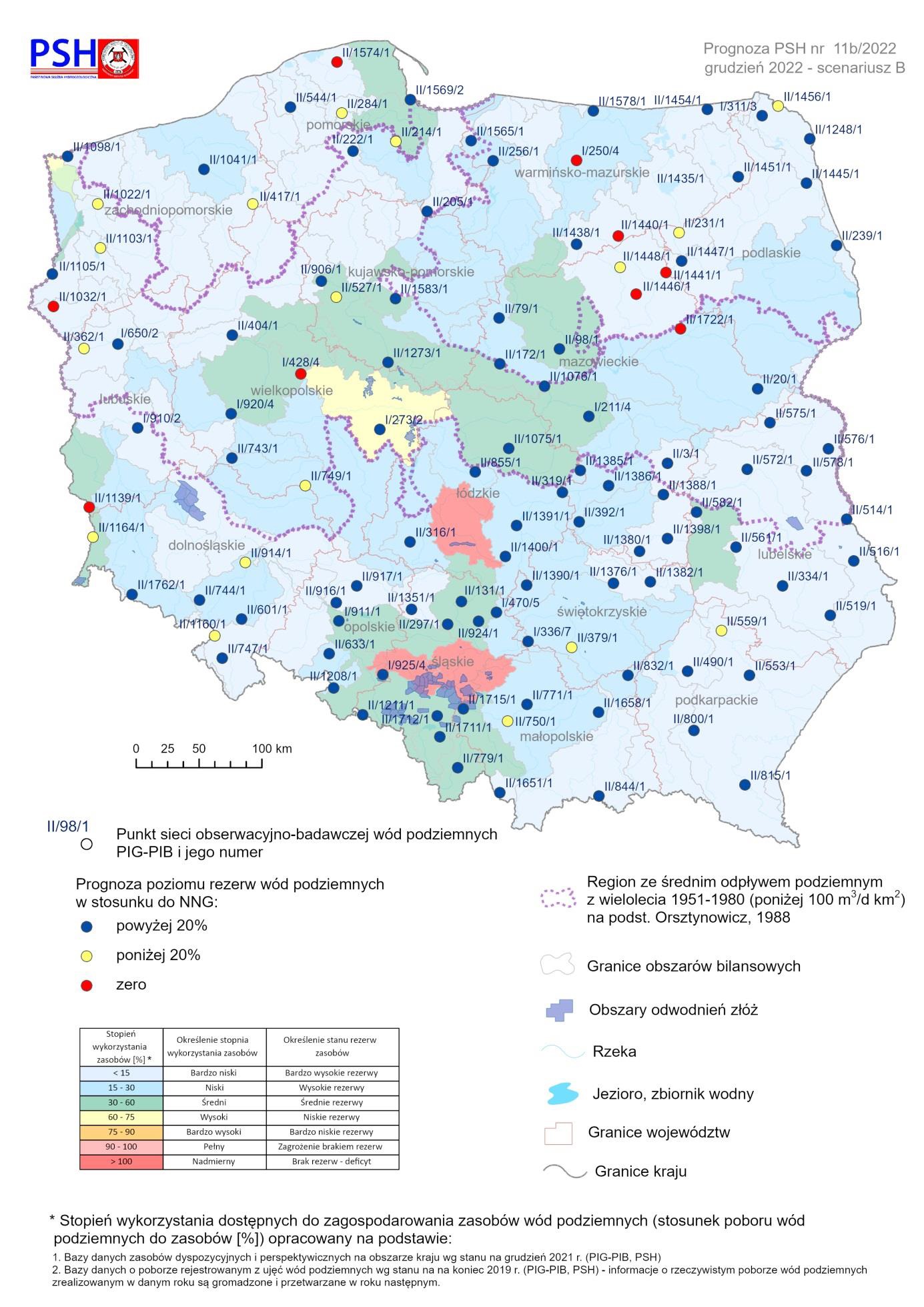 Prognoza poziomu rezerw wód podziemnych w odniesieniu do najniższego zaobserwowanego w wieloleciu położenia zwierciadła wód (NNG) w grudnie 2022 r. według scenariusza B