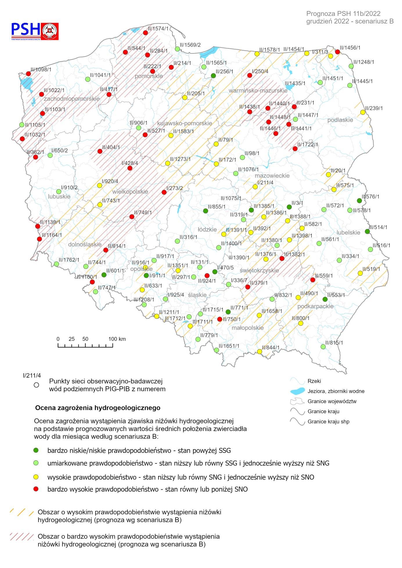 Prognoza zagrożeń wód podziemnych – występowanie niżówki hydrogeologicznej w grudnia 2022 r. według scenariusza B