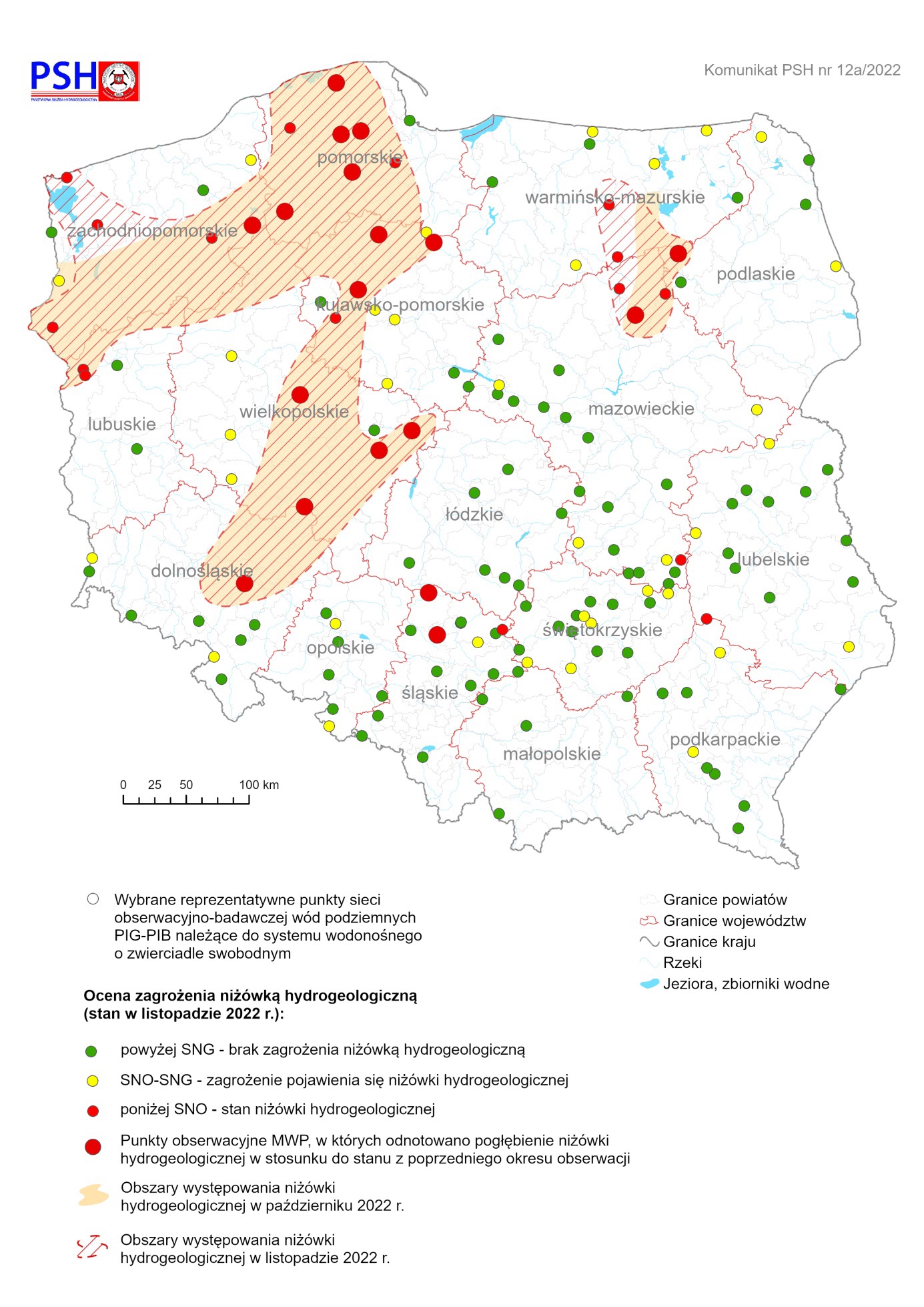 Mapa przedstawiająca ocenę zagrożenia niżówką hydrogeologiczną w listopadzie 2022 r.