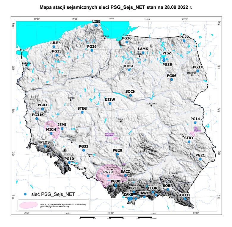 mapa Polski z zaznaczonymi stacjami pomiaru fal sejsmicznych