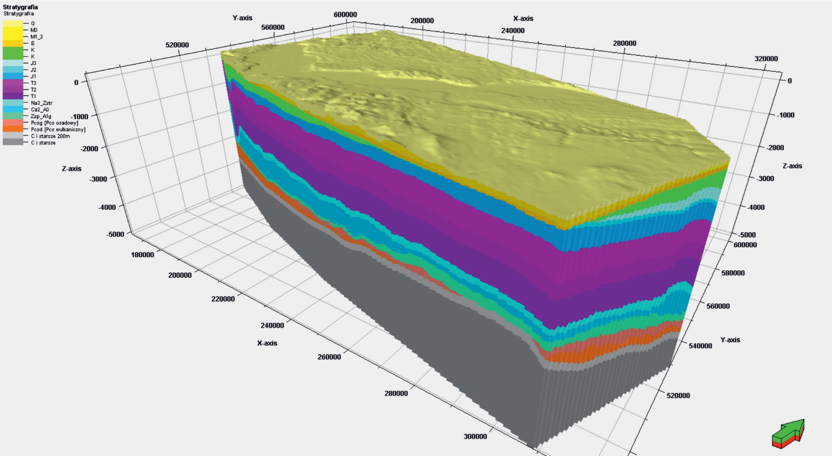 Model strukturalny 3D budowy geologicznej bloku Gorzowa, widok od SE, przewyższenie ×10